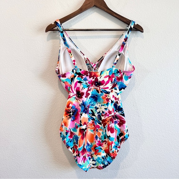 Swim Solutions Floral Twist Front One Piece Mio Swimsuit Size 14 Bright Tropical - Picture 10 of 11